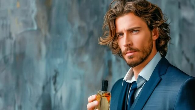 A young man with curly long hair in a strict business suit holds a bottle of perfume in his hand. Advertising of men's products. Confident businessman. Achieving success. Banner. Copy space