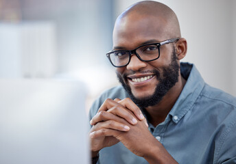Corporate, portrait and black man in office with glasses for happiness, confidence or positive in...