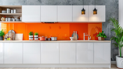 A minimalist kitchen with a vibrant, tangerine orange backsplash and crisp, white cabinets, surrounded by colorful accents and ample copy space.