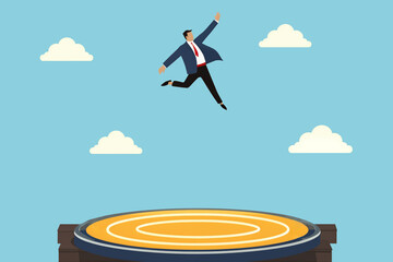 Business graphic vector modern style illustration of a business person on a trampoline jump jumping leaping into unknown progress career reach goal aim high