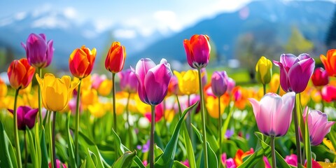 Obraz premium Blooming red tulips flower in the foothills of snowy mountains.
