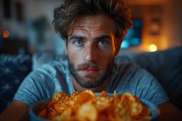 Man indulging in junk food, munching on chips while relaxing on the couch - obrazy, fototapety, plakaty