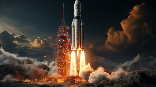 Launch vehicle launch roars to life its engines thrusting with formidable power launch vehicle launch breaks the bonds of Earth, ascending rapidly. Majestic is the sight of the launch vehicle launch - Powered by Adobe