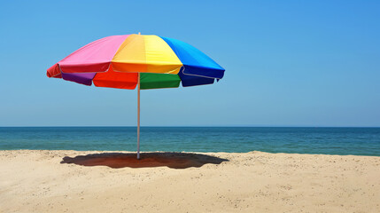 Colorful beach umbrella stands alone on a tranquil sandy beach with clear blue skies