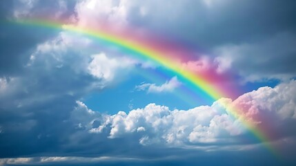 Vibrant rainbow arching over fluffy white clouds against a blue sky