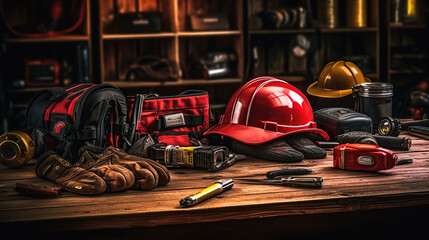 Work safety protection equipment. Industrial protective gear, Construction Worker Equipment - obrazy, fototapety, plakaty