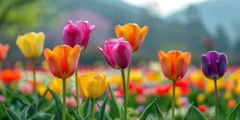 Blooming red tulips flower in the foothills of snowy mountains.