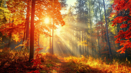 Serene trail through a vibrant autumn forest with sunbeams piercing the foliage