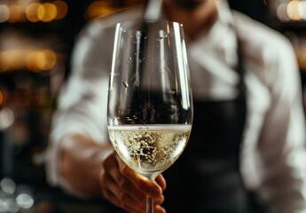 Flute glass filled with sparkling champagne, bubbles rising, bartender in black apron, white shirt, trendy ambiance