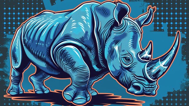   A rhino drawing on a blue backdrop with a painted splash in the center