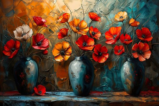 Painting, modern, abstract, metal element, texture background, vases, flowers, flowers in vases