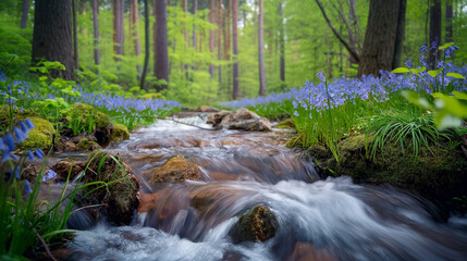 Tranquil babbling brook flows through a lush forest, surrounded by vibrant bluebells