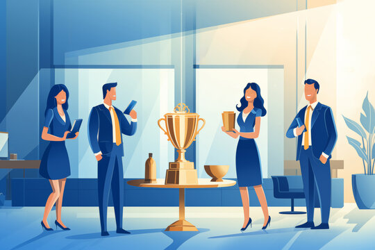 Business graphic vector modern style illustration of a business person in a workplace environment winning a trophy award succeed jump for joy cheer employee company winning recognition great