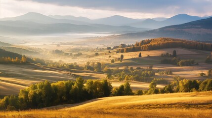 Scenic photo of sun-kissed fields and rolling hills in a tranquil valley during golden hour