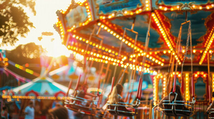 A carnival with a carousel and people riding it