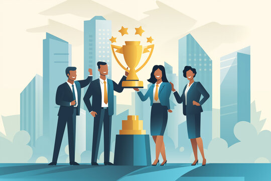 Business graphic vector modern style illustration of a business person in a workplace environment winning a trophy award succeed jump for joy cheer employee company winning recognition great
