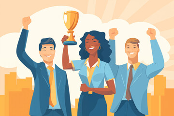Business graphic vector modern style illustration of a business person in a workplace environment winning a trophy award succeed jump for joy cheer employee company winning recognition great