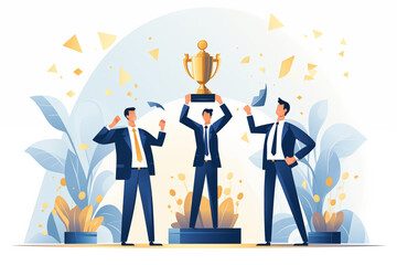 Business graphic vector modern style illustration of a business person in a workplace environment winning a trophy award succeed jump for joy cheer employee company winning recognition great