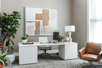 Earthy tones and rich textures define a contemporary office setting, while a pristine white frame offers a blank canvas for creative expression.