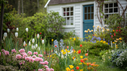 Fototapeta premium Cozy cottage with a vibrant garden full of tulips, daffodils, and lush greenery