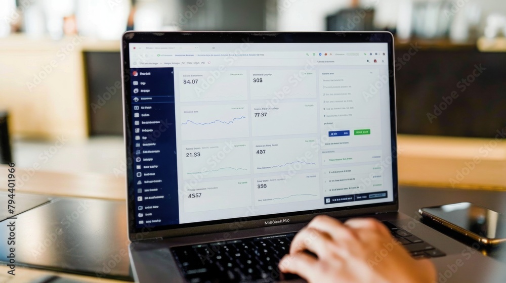 Poster analyzing business metrics on laptop screen in office