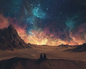 Digital illustration painting of a couple stargazing in a remote desert, the universe unfolding above them