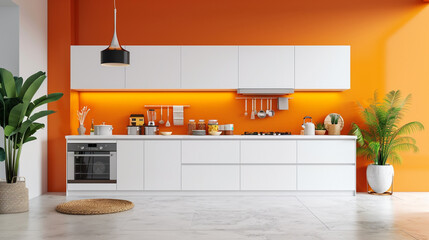 A minimalist kitchen with a vibrant, tangerine orange backsplash and crisp, white cabinets, surrounded by colorful accents and ample copy space.