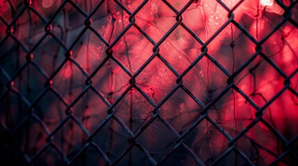 Red Light Illuminating Chain Link Fence. Generative AI