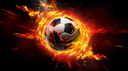 Football planet concept, soccer ball engulfed in intense flames, illustrating the concept of power, energy, and unstoppable force of football game, ideal for sports marketing and ads, merchandise