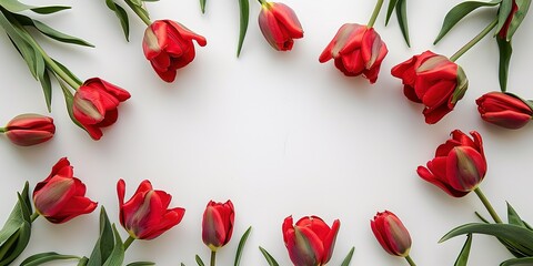 Red, pink and purple tulips rise up against a white background
