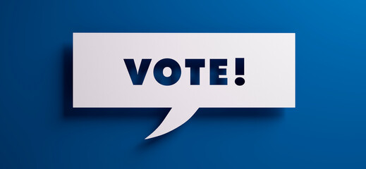 Speech bubble with the word vote in front of a blue colored wall - 3D illustration	
