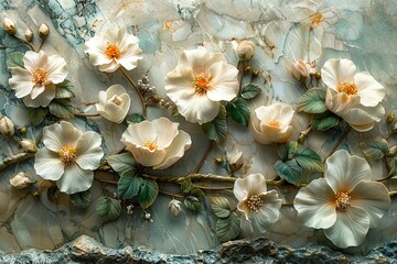 panel wall art, marble background with flowers designs, wall decoration