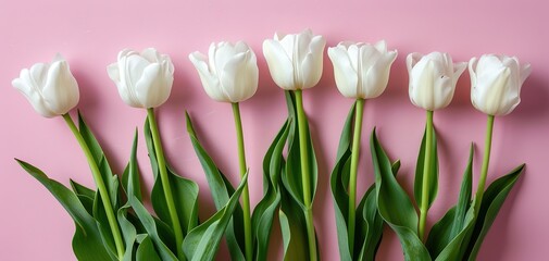 Spring flower white tulips on the pink background with copyspace. Theme of love, mother's day