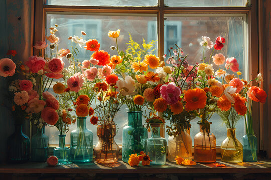 A Windowsill Filled with Vases Filled with Flower,
Collection of Colorful Mason Jars with Flowers

