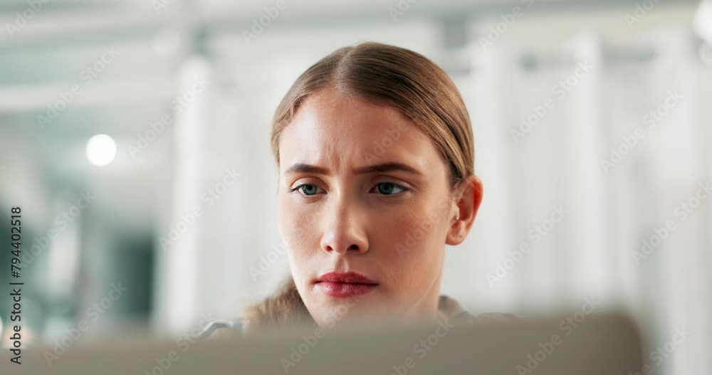 Aufkleber Remote work, confused and woman with laptop in home for research, studying and elearning for online project. Student, university and person on computer for education, internet course and website