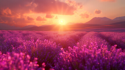 Lavender fields at sunset, a serene and fragrant landscape bathed in warm light. Ideal for relaxation, aromatherapy, and tourism.