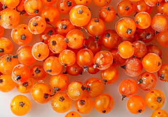 Frozen orange sea buckthorn berries isolated on white background. - obrazy, fototapety, plakaty