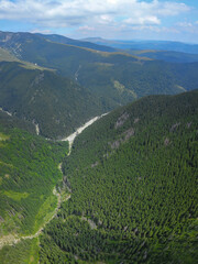 Aerial view of rolling mountains stretch in the distance while a serene valley filled with trees flows down to a winding river under a clear blue sky. Carpathia, Parang Mountains. Romania.