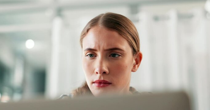 Remote work, confused and woman with laptop in home for research, studying and elearning for online project. Student, university and person on computer for education, internet course and website