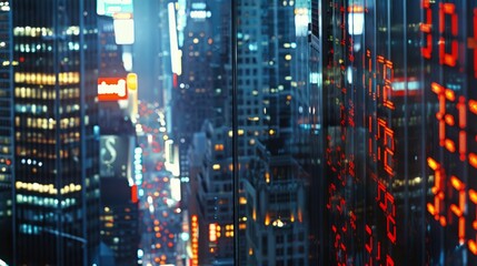 A closeup view of brightly lit skyscrapers in a bustling futuristic city center at night,...