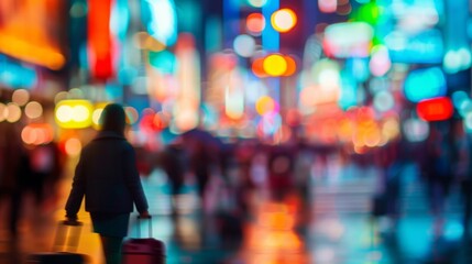 Fototapeta premium Vibrant city street with blurred neon signs and blurred figures carrying suitcases symbolizing the continuous flow of international transfers between countries. .