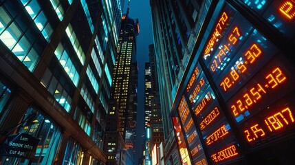 A bustling city street at night, filled with illuminated tall buildings and skyscrapers