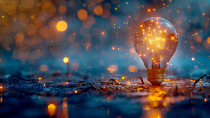 Enchanting Lightbulb with Glittering Sparks. A mesmerizing lightbulb radiates with golden sparks and bokeh on a dark reflective backdrop, evoking ideas and innovation.