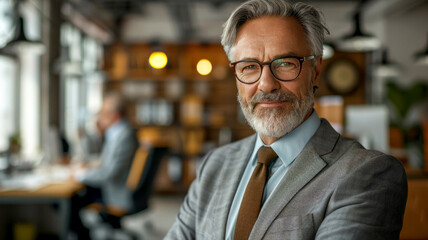 Confident Senior Businessman in Office. Portrait of a distinguished older man with a beard and glasses in a business suit.