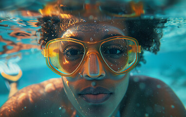 Naklejka premium A woman is swimming in the ocean wearing a yellow snorkel. The water is clear and calm