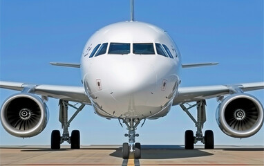 A large white airplane is parked on the runway. The plane is large and has two engines. The sky is clear and the sun is shining brightly