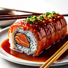 A delicious-looking sushi roll, which is covered with sesame seeds and garnished with green onions, placed on a white plate surrounded by chopsticks.