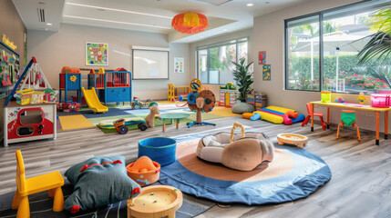 A brightly lit room with a projector screen and a large play area