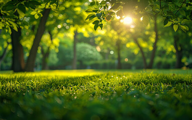 A lush green field with a tree in the background. The sun is shining through the leaves, creating a warm and inviting atmosphere