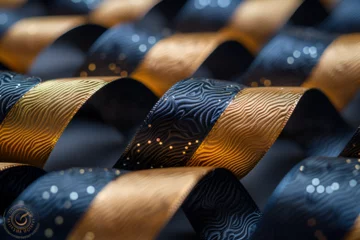 Fotobehang Black and Gold Ribbons in a Row, Swirling golden and blue glistening golden solid liquid waves ultra realistic vibrations wave functions twisted lines and textures seamless textile fulldrop repeated  © sanjaykhan